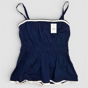 NWT J.Crew Navy Strappy Shirred Peplum Cami Tank Top Size 8 White Trim Cotton